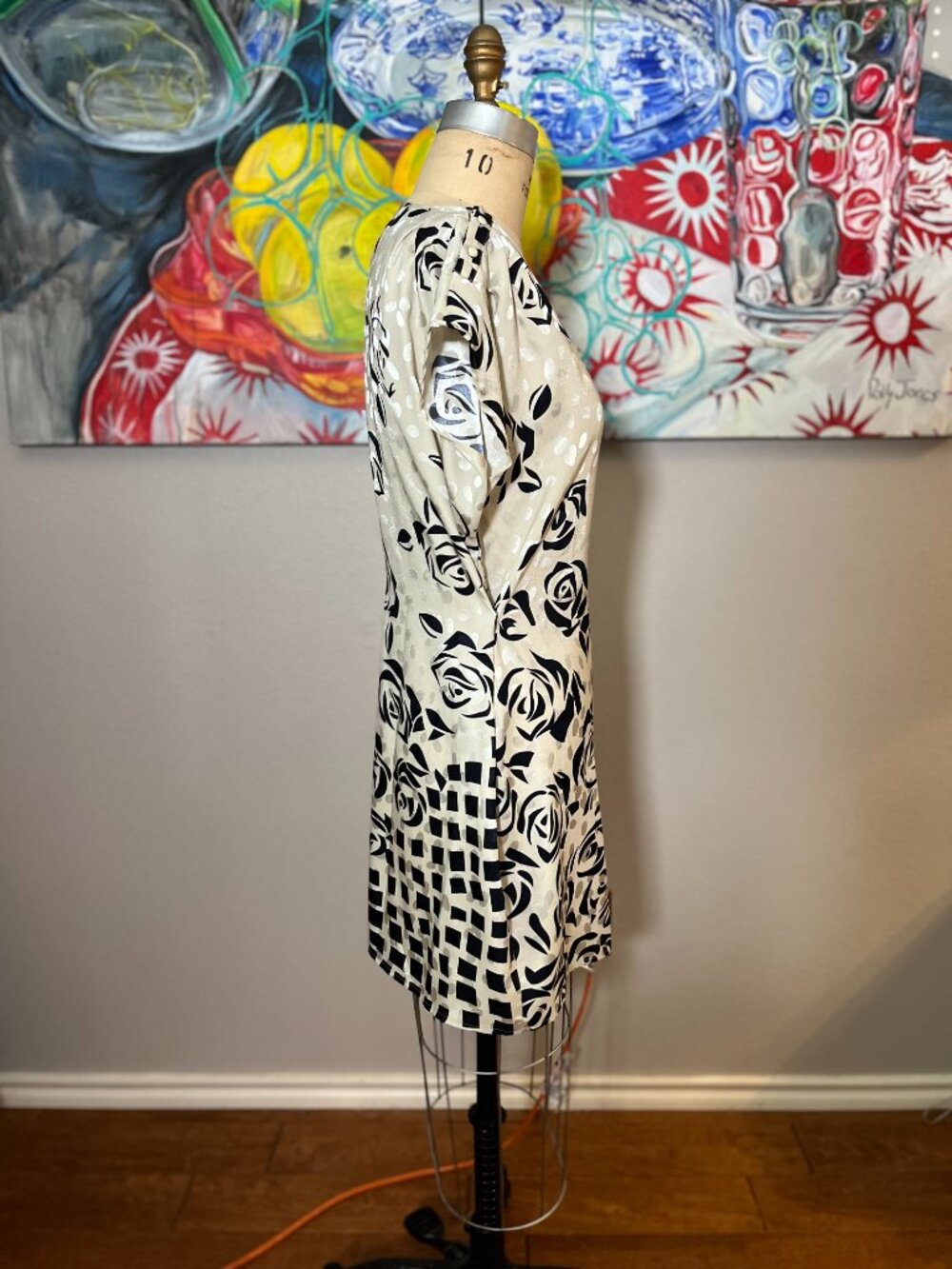 Langade VEDA Black & Ivory Rose Print Convertible Shift Dress Vintage 80s - Picture 3 of 9